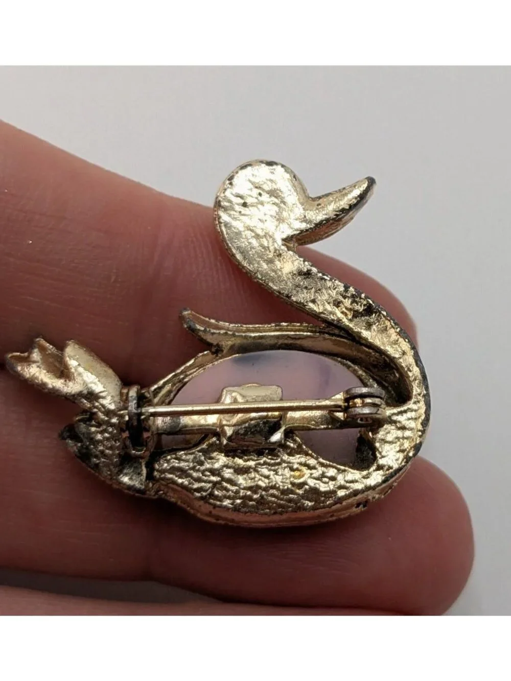 Vintage Swan Brooch Rhinestone Eye Stone Belly Lilac Red Gold